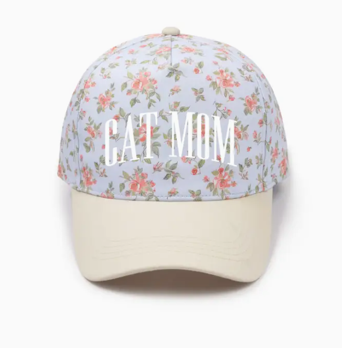 5 Panel Hat Cat Mom Embroidery Blue Floral