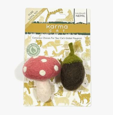 Dharma Dog Karma Cat Wool Felted Mushroom & Acorn 2pk